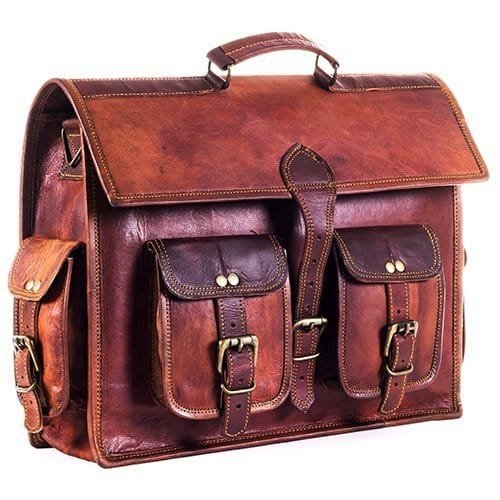 A brown leather office laptop bag with multiple compartments and a flap closure